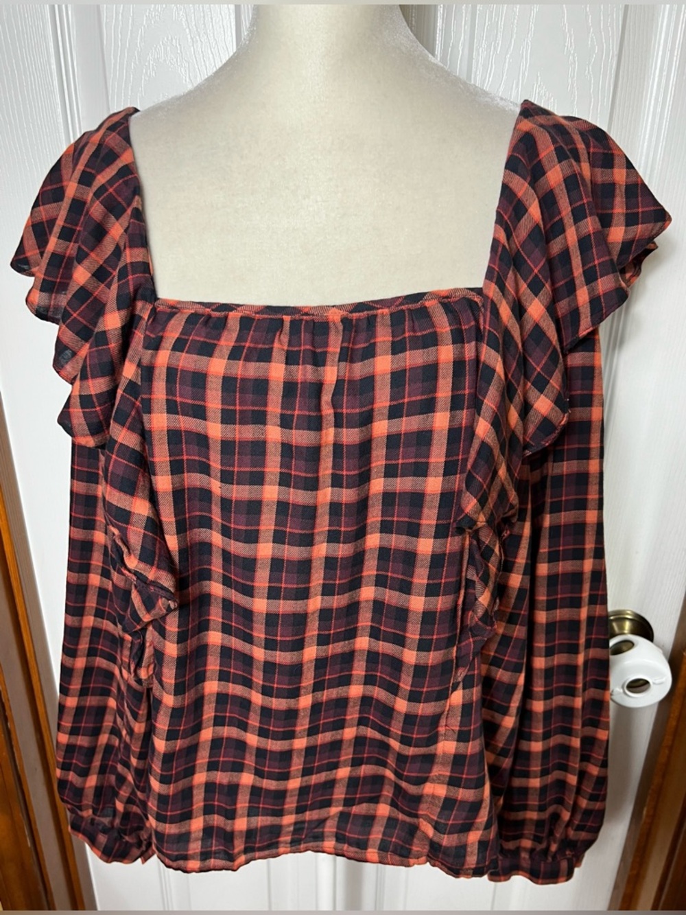J. Crew Blouse Peasant Top Plaid Orange Long Sleeve Women’s L (READ)
